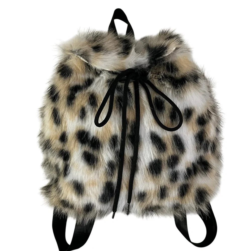NEW Elegant Leopard Print Faux Fur Drawstring Snap Closure Backpack White Tan